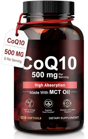 CoQ10 Supplement High Strength 500mg,Co Enzyme CQ10 120 Capsules,100% Pure Naturally Fermented Ubiquinone Q10 Supplement,Friendly, Lactose-Free