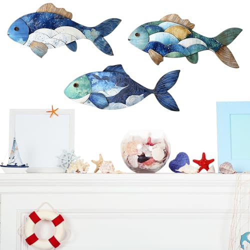Simsky 3 Stück Maritime Deko, Wand Fisch Deko Set, Selbstklebende Strand Wanddeko für Badezimmer, Wohnzimmer, Schlafzimmer & Ferienhaus, Küsten Deko für Wand & Veranda