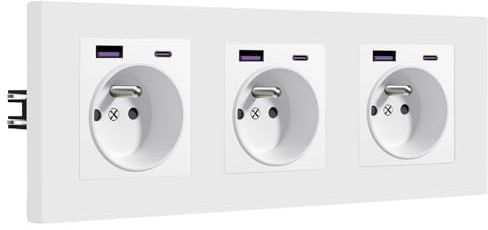 BSEED Prise USB C Murale,Prise Electrique Encastrable avec 20W Recharge Rapide USB A et 1 Type C,3 Gang,Norme Française Prises 16A 250V avec Panneau en Plastique,228 * 86mm Blanc