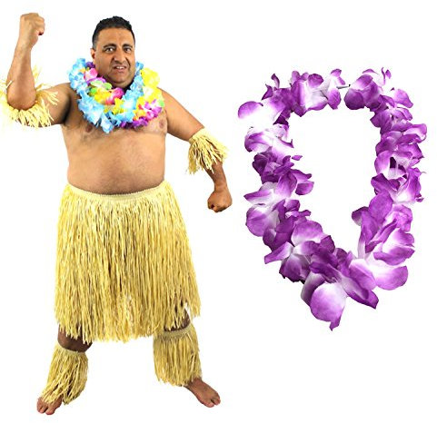 I LOVE FANCY DRESS HAWAIIANER SÜDSEE ZULU KÄMPFER KOSTÜM VERKLEIDUNG=6 TEILIG=1 LILA LEI/BLUMENKETTE+2 BEIN STULPEN+2 ARM STULPEN+BASTROCK= HÜFTUMFANG UNGEFÄR -81-142cm+LÄNGE UNGEFÄHR - 58cm