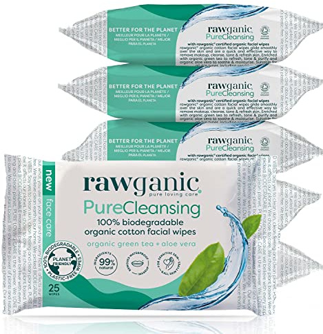 Rawganic Bio Gesichtstücher, parfümfrei, 100% organische Baumwolle, biologisch abbaubar, mit Aloe Vera & Grünem Tee, COSMOS zertifizeirt (6 Packungen)