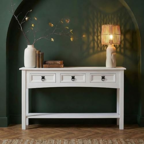 IDIMEX Console Rural Meuble Style Mexicain avec 3 Tiroirs et 1 Étagère, Table Console Blanche Fabriquée en Pin Massif, Poignées en Métal, Finition Lasurée Blanche
