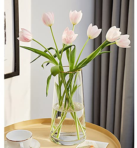 FUNSOBA Clear Glass Flower Vase with Gold Mouth for Centerpieces Home Wedding Decoration (1, Large 5.2 x 9.9“)