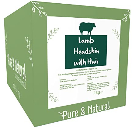 Pure & Natural Lamb Head Skin with Hair - Hypoallergenic, Healthy, All Natural Dog Chews Long Lasting Natural Puppy Treats (8 Weeks and Over) - 1kg Bulk Box