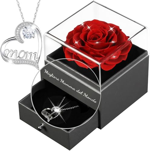 Yamonic Festa della Mamma Idee Regalo,Rosa Eterna con Collana Argento 925,Migliore Mamma del Mondo,Rosa Stabilizzata Vera Confezione Regalo Donna Compleanno Natale San Valentino
