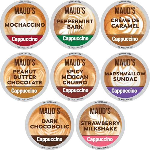 Maud's Cappuccino Coffee Pods Variety Pack, 56 ct, 8 Assorted Flavors, Single Serve Pods – Compatible with Keurig K Cups Maker