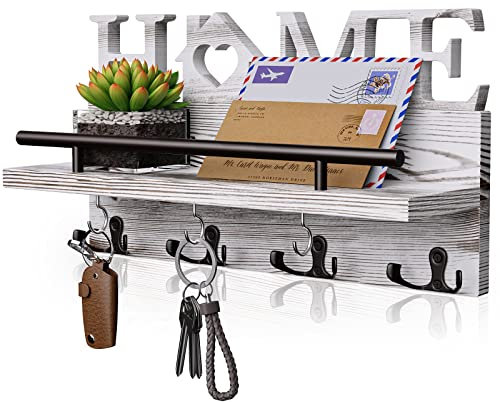 SWTYMIKI Schlüsselbrett - Schlüsselhalter für die Wand mit Heim dekoration, Wandregal Holz für Schlüsselbrett Organizer mit 7 Schlüsselhaken, Rustic Wandorganizer mit Ablage,Weiß