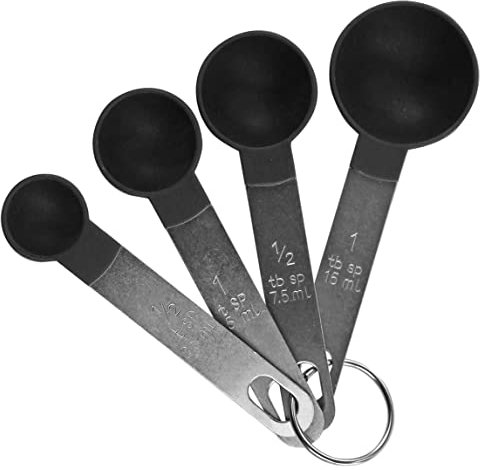 Reston Lloyd 4 Cucharas Dosificadoras Medidoras para Ingredientes Secos y Líquidos, Plástico de Grado Alimenticio con Asas de Acero Inoxidable, Color Negro