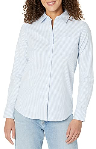 Amazon Essentials Chemise Oxford Extensible, Col Boutonné et Manches Longues, Coupe Standard (Disponible en Grande Taille) Femme, Bleu Blanc Rayures Verticales, S