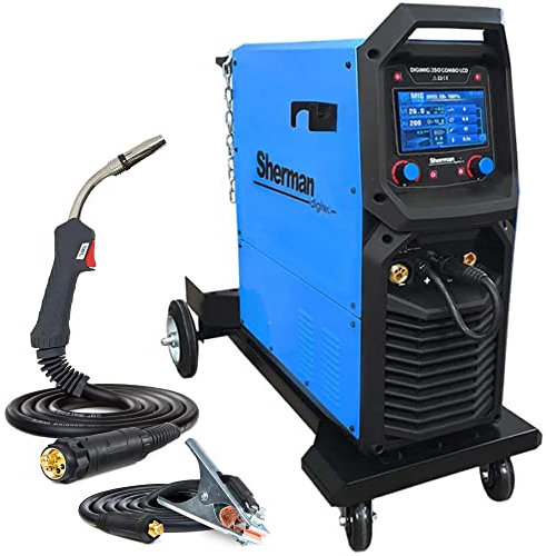 Sherman DIGIMIG 350 COMBO LCD - Synergisches Kombi 400V Schutzgasschweißgerät MIG MAG mit 4 Rollen Drahtvorschub und Fahrwerk - ausgestattet mit Induktivität und Lötschweißen- Set: Solo