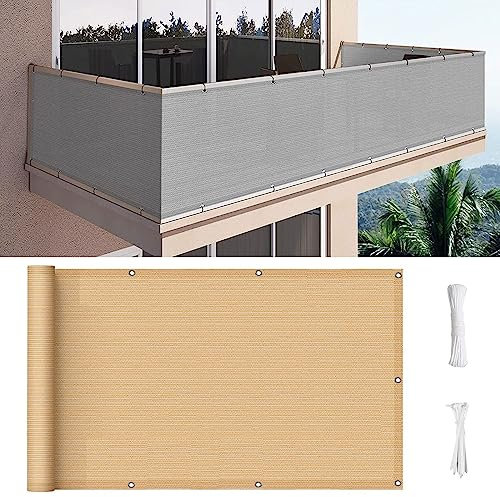 Balkon Sichtschutz Balkonabdeckung 120 x 850 cm Reißfest UV-Schutz atmungsaktiv Blickdichte Balkonumspannung mit Ösen und Kordel für Balkon Garten im Freien, Beige