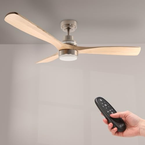 M mimotec - Ventilador de Techo, luz Led Wood Niquel con luz de 18W y Mando a Distancia, motor DC 30W, 6 velocidades, Silencioso ,3 Aspas madera natural, 132 cm, función verano-invierno, temporizador