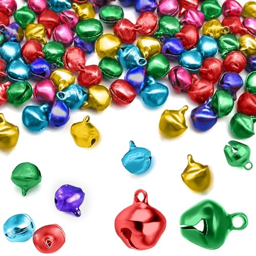 Glöckchen zum Basteln, 100 Stück Kleine Schellen Glöckchen, Metallglöckchen mit Ösen, 12mm Mini Glöckchen für DIY Weihnachten Dekoration Haustier Glocken Schmuckherstellung (Mischfarbe)