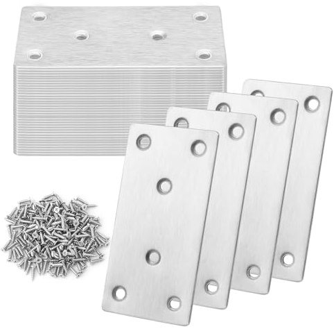 40 PCS 4 X 2 inch Heavy Duty Stainless Steel Flat Brackets, Flat Brackets Mending Plates with Screws, Perfect for Repairs and Reinforcements of Cabinets, Wood, and More, by GENHAKON
