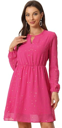 Allegra K Damenkleid mit Kropfband, V-Ausschnitt, Vintage-Stil, vergoldete Metallic-Sternchen, ausgestellte A-Linie, für Weihnachten, hot pink, XL
