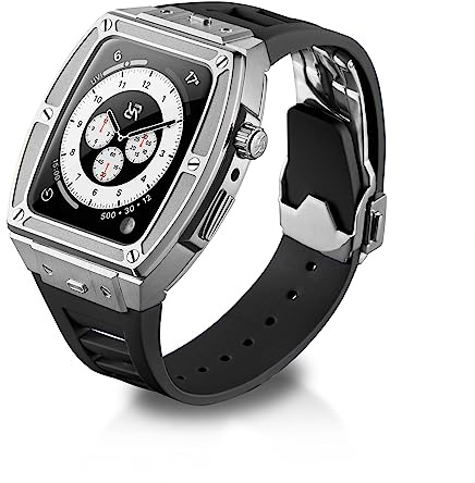 RYUEUYA Boîtier de designer de luxe en acier inoxydable et bracelet en cuir pour Apple Watch Series 9 8 7 6 SE 44/45 mm - Fonctions tactiques et bracelet à changement rapide pour iWatch, 44/45MM,