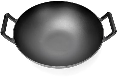 GFTIME Wok en fonte Ø 36 cm pour barbecue à gaz, induction, feu, poêle wok en fonte pour Weber Spirit, Genesis Gourment, Enders, charbon de bois