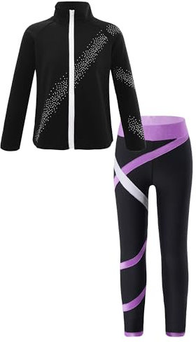 Alvivi Mädchen Trainingsanzug Sport Set Glitzer Eiskunstlauf Anzug Langarm Sweatjacke + Hose Sport Leggings Eislaufen Yoga Gym Tanzkleidung Lila 146-152