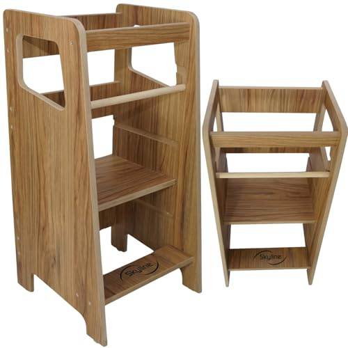 Skyline Steh und Lernturm Baby ab 1 Jahr Montessori Learning Tower Höhenverstellbar Tritthocker Kinder Indoor Möbel Kinderzimmer Trittschemel Kitchen Helper Hochstuhl Faltbarer Braun Holzimitat