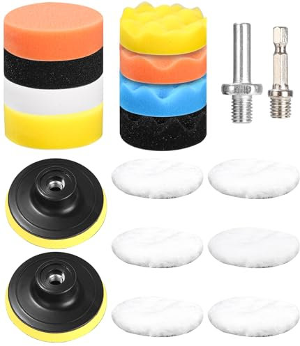 18 Pezzi 80mm Pad Kit di Lucidatura Spugna,Kit Lucidatrici Auto,con Adattatore per Trapano e Cuscinetti per Ceretta in Lana,Set di Tamponi per Lucidatura per Auto,Lucidatrice e Ceretta