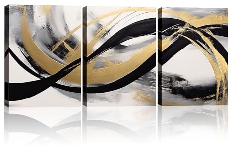 LYUNSHUO Abstract Wall Art 3 Piece Black and Gold Canvas Print Line Picture Gray Poster Painting Modern Artwork for Living Room Bedroom Home Office Decor Frame(Art-2,11.00x14.00x3P)