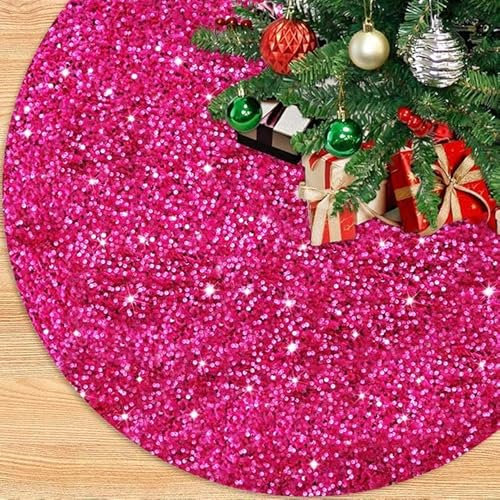 PATYDEST Hot Pink Sequin Velvet Tree Skirt 60 Inch - Glitter Sparkle Decorative Fuchsia Christmas Tree Collar - Large Santa Xmas Tree Mat for New Year Party Home Decor