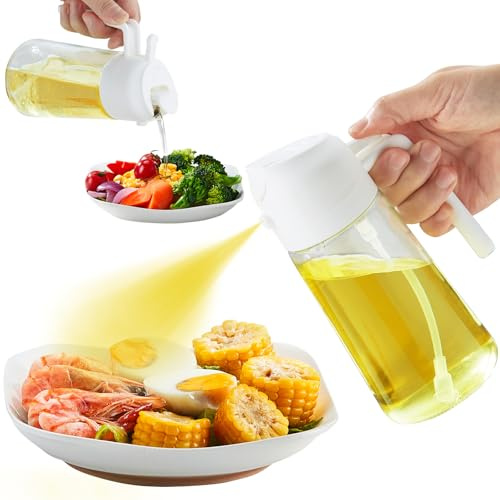 MEISINNI Pulverizador de Aceite para Cocina 2 en 1, Aceitera Spray Pulverizador Antigoteo de Vidrio 470ml, Dosificador Aceite Spray para Freidora de Aire, Ensaladas y Parrillas, Blanco