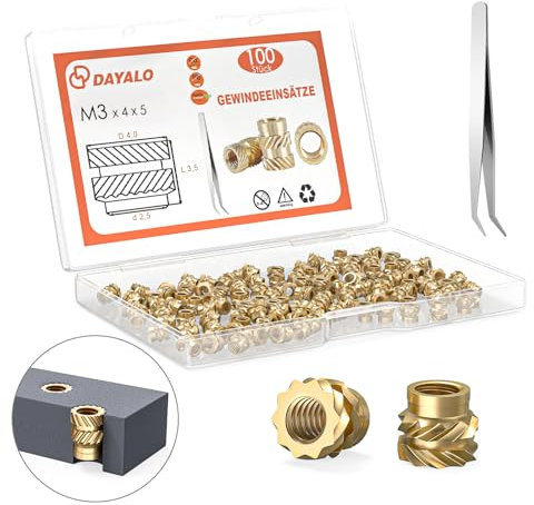 Dayalo M3 Gewindeeinsatz, 100 Stück M3x4x5 Einpressmuttern für 3D Druck Zubehör, Messing Gewindebuchsen, Durch Wärme in 3D-Druck-Teile aus Kunststoff Einsetzbar