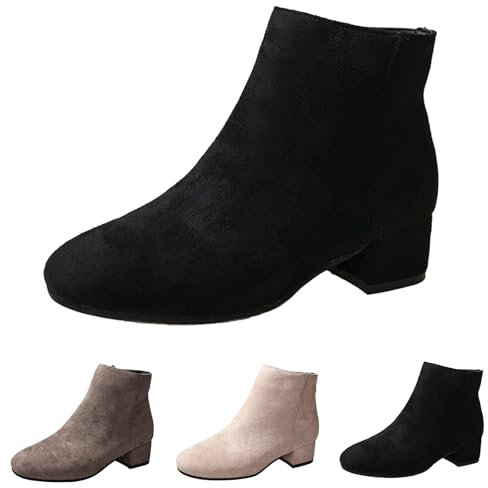Kurze Stiefeletten Damen mit Absatz Elegant Wildleder Schwarze Stiefel Damen Halbhohe Cowboystiefel Retro Damenstiefel Ankle Boots mit Reißverschluss Bequem Westernstiefel Damen