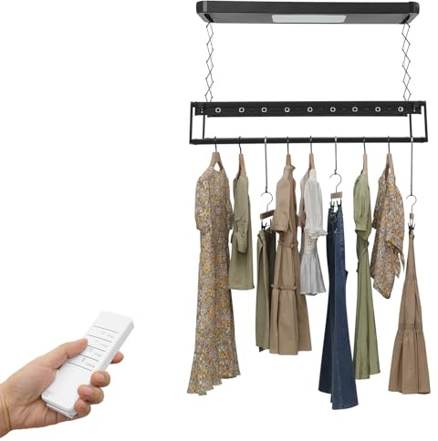 DHQCQL Elektrischer Wäscheständer, Höhenverstellbar Wandtrockner Ausziehbar mit Fernbedienung Beleuchtungs Lufttrocknungs Desinfektionsfunktionen Ausgestattet, Wäscheständer für Wand (Schwarz)