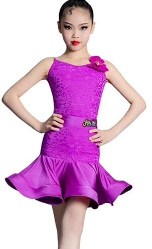 OTMYIGO Viola,130, Vestito Latino in Pizzo per Ragazze, Abito da Ballo Rumba Samba Gonna Abbigliamento da Ballo Moderno Costume da Ballo per Competizione