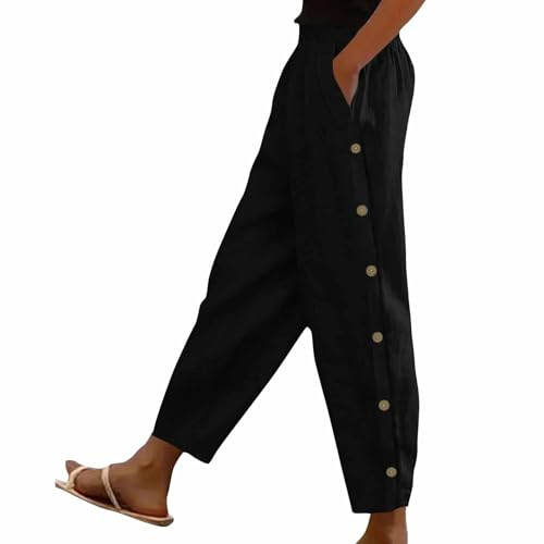 RLEHJN Cotton Linen Trousers Women UK Sale Clearance Solid Color Elasticated Waist Cropped Trousers Ladies Summer Lounge Pants Plain Casual Bottoms with Pockets and Side Button Design
