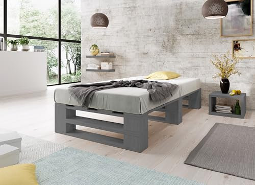 Lermowood Palettenbett M2 aus Holz 120 x 200 cm Grau mit Lattenrost Holzbett 40cm Stabiles Seniorenbett Kinderbett Jugendbett Gästebett erhöhtes Einzelbett Bettgestell Futonbett Komforthöhe