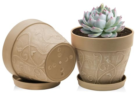 ZMTECH 17,5 cm Pots avec Soucoupes et Trous de Drainage, Pot de Plante Plastique Aspect Terre Cuite, Pot de Fleur Moyen avec Plateau pour Plantes d'Intérieur Extérieur (Brun Clair, Lot de 2)