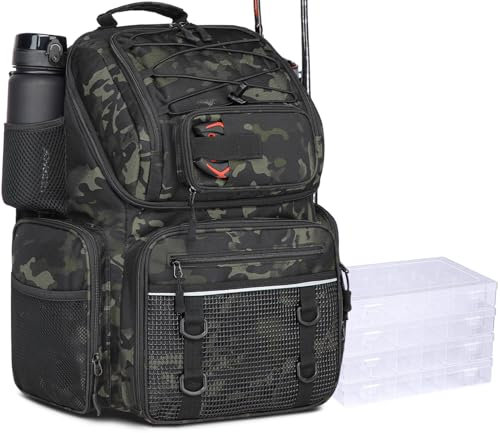 FRETHIND Angelrucksack mit 4 Boxen 50L Angeltasche mit Kühlfach & Rutenhalter wasserabweisend Angelzubehör Rucksack für Angeln Camping Wandern (Camo)