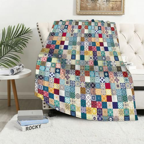 MAAPCHP Coperta Pile Blanket Design di piastrelle patchwork floreali. Orname Coperta di Flanella Coperta per Adulti per Bambini Caldo Divano per Il Tempo Libero Sedia Soffice Coperta Soffice100x130cm