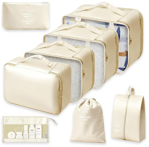 CNMTCCO Koffer Organizer Set, 8 Teilige Packing Cubes, Packwürfel für Urlaub und Reisen, Reise Organizer Set, Packtaschen für Koffer Suitcase (Beige)