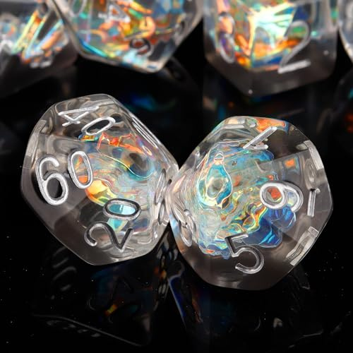 Haxtec Black Clear DND Dice Set 7PCS Filled Resin Polyhedral D&D Dice with Dice Bag, Iridescent Mylar Inclusion Dice for Roleplaying Games Dungeons and Dragons Gift