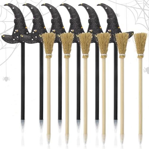 OMIGA 12 Stück Hexenbesen Holzbleistifte Kinder Party Halloween Deko | Zauberbesen und Hexenhut für Hexenparty Partysgeschenk Halloween Hexen Zubehör