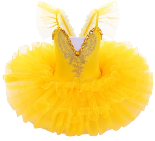 IDOPIP Robe de Ballet Tutu Fille: Tutu Danse Classique Fille Justaucorps Gymnastique Léotard Costume de Ballerine - Vêtements Danse Ballet Performances Jaune 140