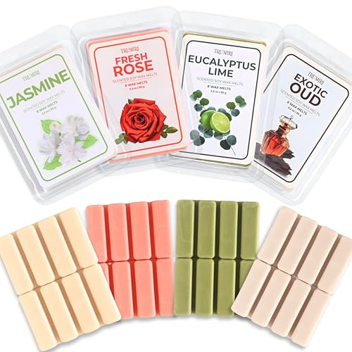 TRUMIRI Scented Wax Melts Variety Pack Exotic Oud|Fresh Rose|Eucalyptus Lime|Jasmine - Made with Non Toxic Soy Wax and Essential Oils - Long Lasting Strong Scent Pet Safe Candle Wax Cubes for Warmers