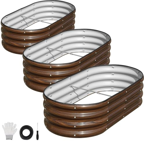 SnugNiture 510L Steel Raised Garden Bed, 3Pcs 120×60×30cm Large Oval Galvanised Metal Planter Outdoor for Growing Vegetables, Flowers and Herbs, Wood Grain, Brown