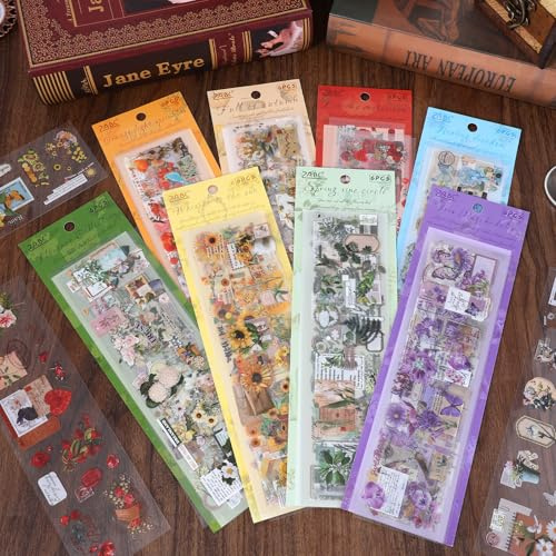 48 Blatt Aufkleber für Scrapbooking, Vintage Scrapbooking Sticker, Natürliche Blumen Journal Aufkleber, Blumig Dekorativ Blumenmuster Sticker Set für Scrapbook, Journaling und Mehr