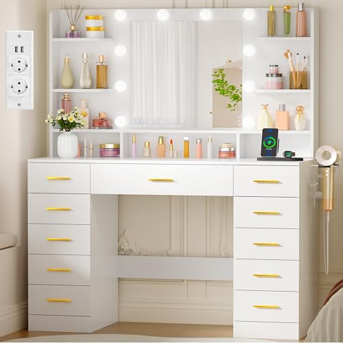 BEWISHOME Schminktisch mit Spiegel und Beleuchtung,Einstellbare Helligkeit,Kosmetiktisch mit Steckdosen und 11 Schubladen,Moderner Frisiertisch mit 6 Offenen Ablagen für das Schlafzimmer Weiß EFST50W