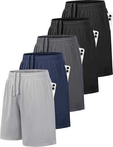 GetGigt 3/5 Pack Boys Shorts Kids Youth School PE Football Basketball Sports Shorts Quick Dry with Elastic Waist Pockets