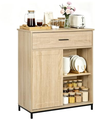 WOLTU Credenza Cucina, Mobile Buffet con Cassetto e Porta Scorrevole, Mobiletto Cucina Salvaspazio in Legno, Ripiano Regolabile, per Soggiorno, Sala da Pranzo, 70x30x80,2 cm, Rovere Chiaro+Nero