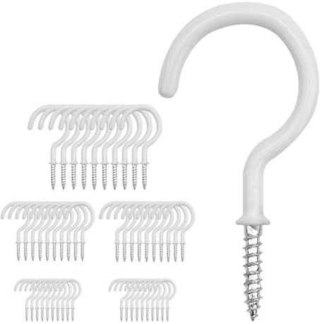 OUYULAI 50 Pcs Cup Hooks Screw - Metal Ceiling Hooks with PVC Plastic Vinyl Coating Black Screw in Hooks for Hanging Plants, Cups, Lights, Kitchen Utensils, 3 Sizes(1-1/4'',1'',2'') (White)
