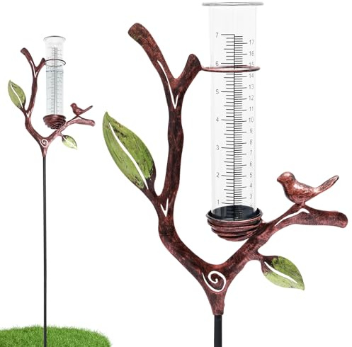 PEIZHIYC Regenmesser mit Erdspieß, 92 cm, Acryl-Messrohr | Zweig-Vogel-Design in Antik-Bronze mit herausnehmbarem Acryl-Messrohr für Beet, Rasen und Terrasse