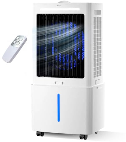 Ventilador Enfriador de Aire Evaporativo Portátil, Depósito Grande 25L, Bajo Consumo Energético 75W, Silencioso 30dB, Con Mando a Distancia