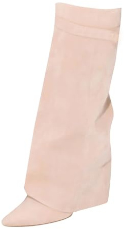 Knähöga kilstövlar för kvinnor med spetsig tå säckiga skor, BEIgE, 36.5 EU | Slouchy knähöga stövlar för kvinnor med vikning över kilklack för vardaglig användning som ger komfort hela dagen